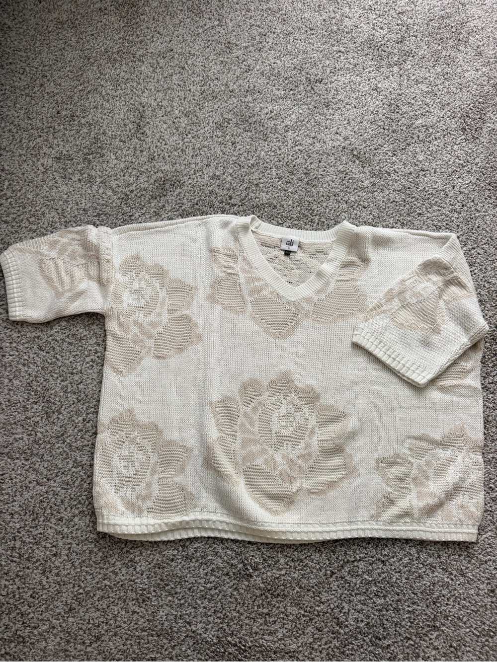 CAbi Cream V-Neck Floral Jacquard Knit Sweater
